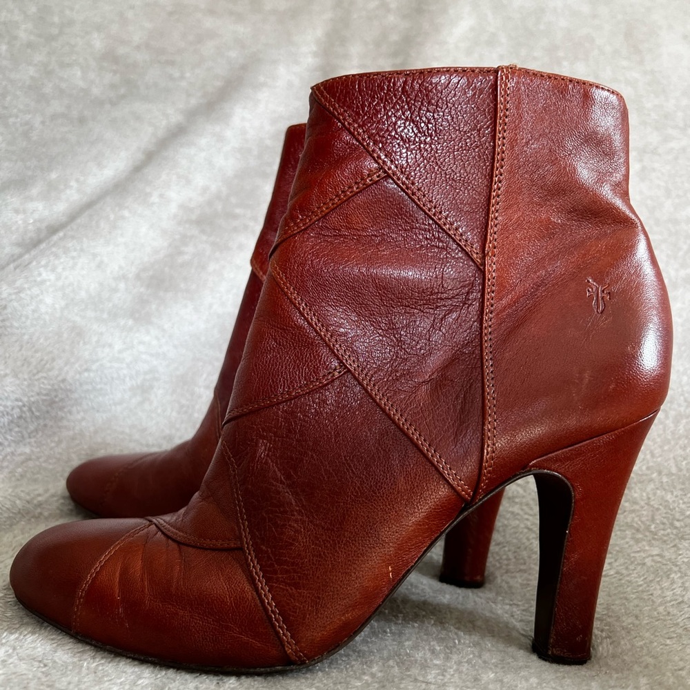 Frye Ava Shootie Heeled Ankle Boots, Patchwork Leather, Brown, size 8.5M